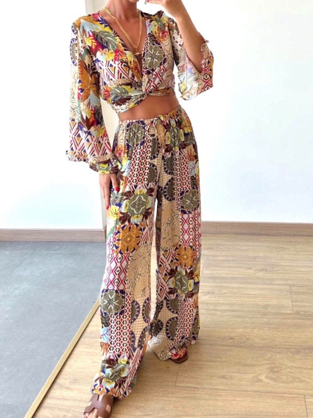 Zara Floral Patchwork Multi-color Two Piece Set Cropped Top and Flowy Pants